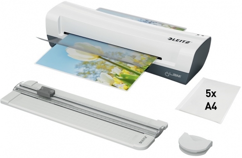 Set crafting Leitz, 4 in 1, include laminator Leitz iLAM Home A4, trimmer, rotunjitor, 5 folii laminare A4, alb
